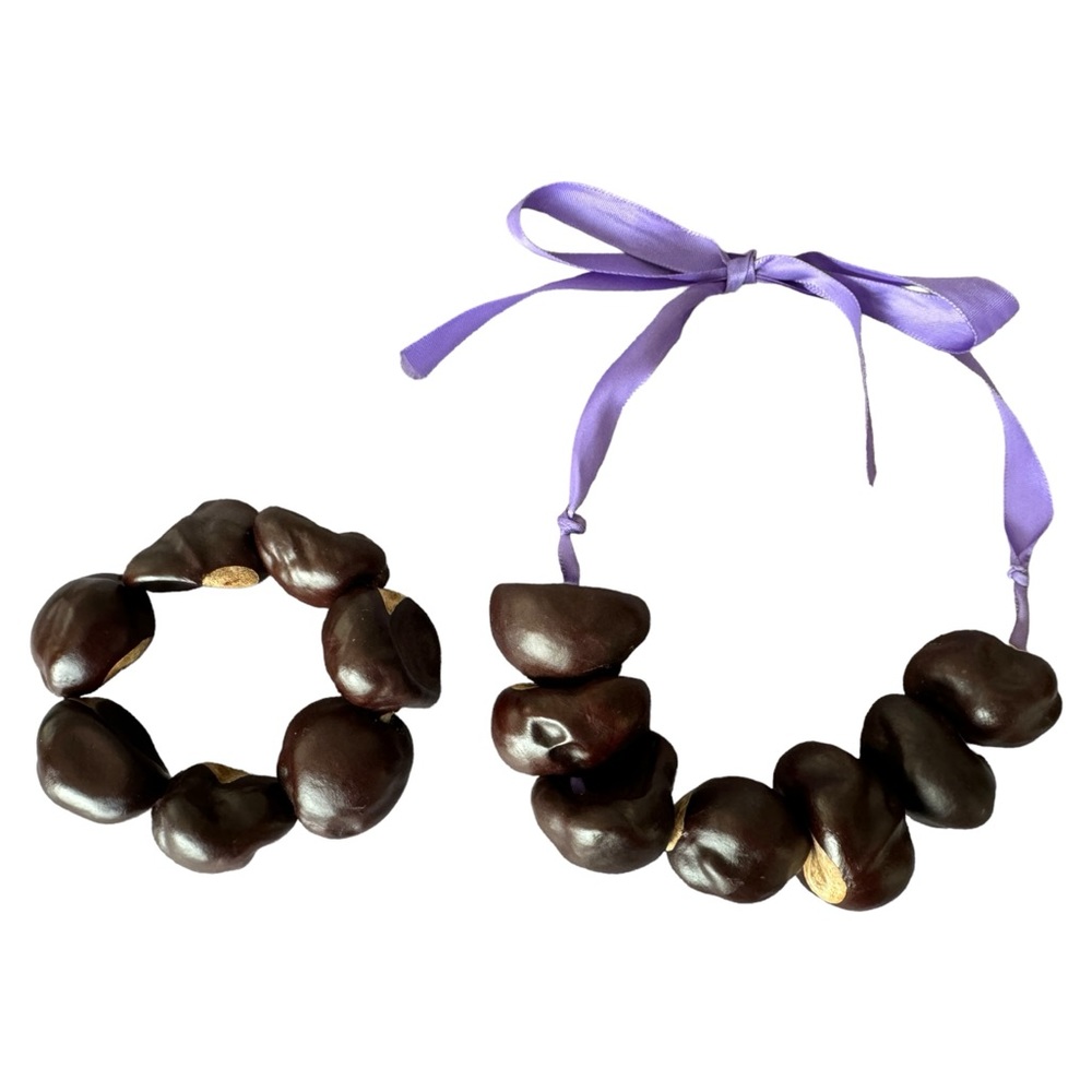 Hawaiian Jewelry Brown & Purple Kukui Nut Hawaii Choker Necklace & Bracelet Set